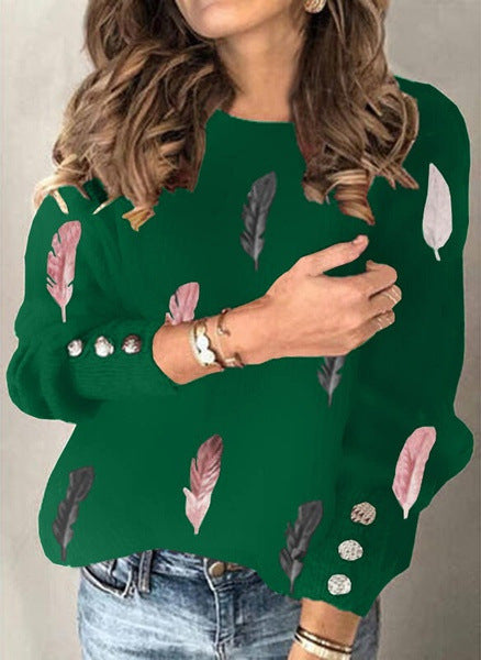 Feather Print Round Neck Long-sleeved Knit Sweater Top Women's Clothing