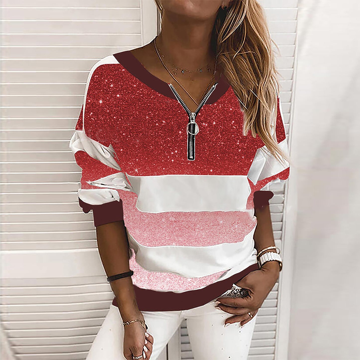 V-neck Loose Pullover Striped Starry Sky Print Women's Clothing