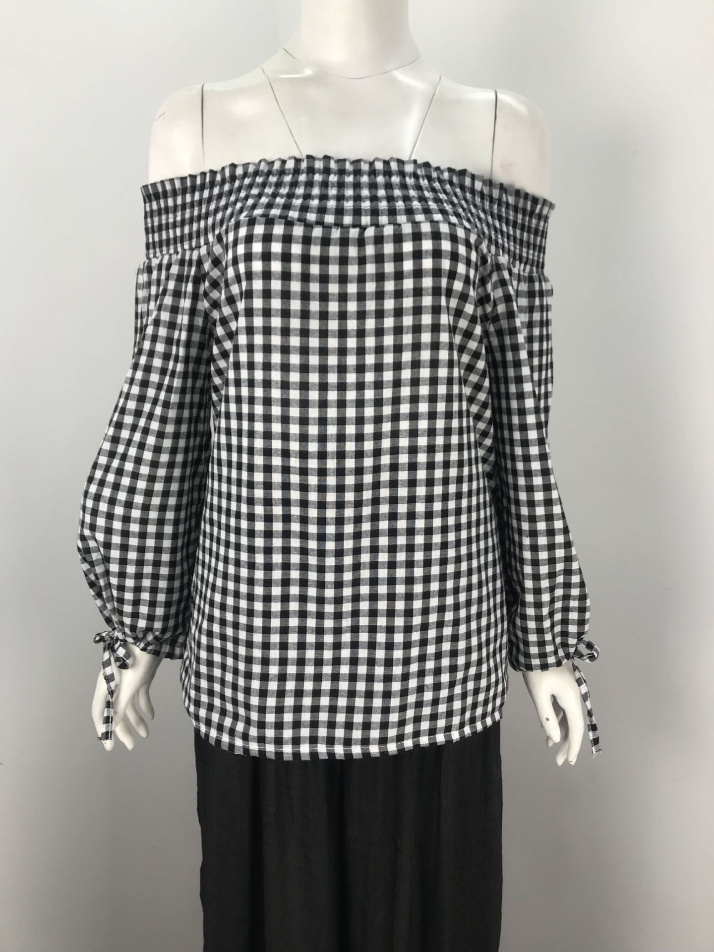 Elastic one-neck plaid all-match casual T-shirt top