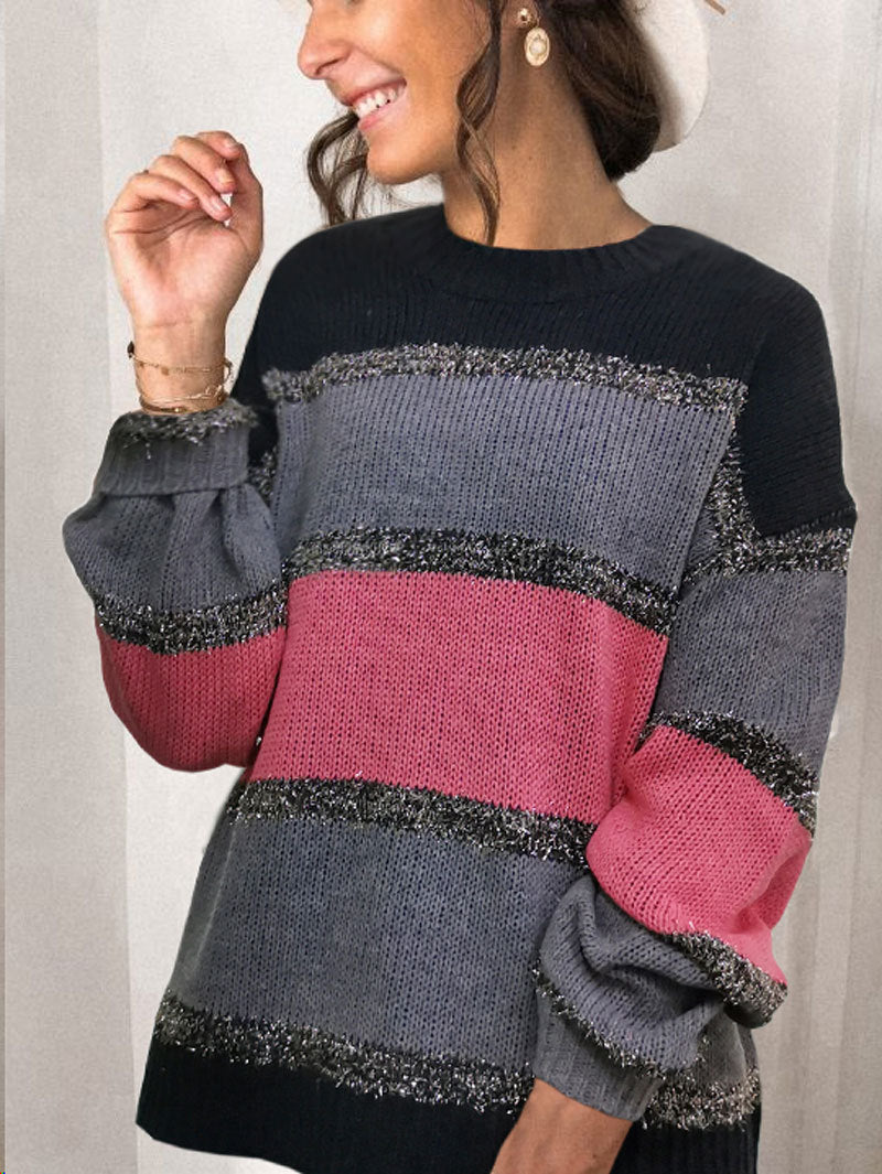Women's multicolor stitching loose sweater