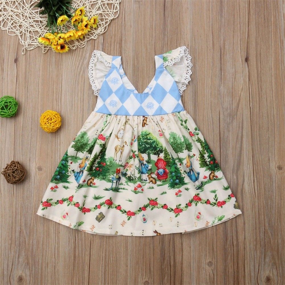 Children's Clothing Diamond Stitching Cartoon Flying Sleeve Dress