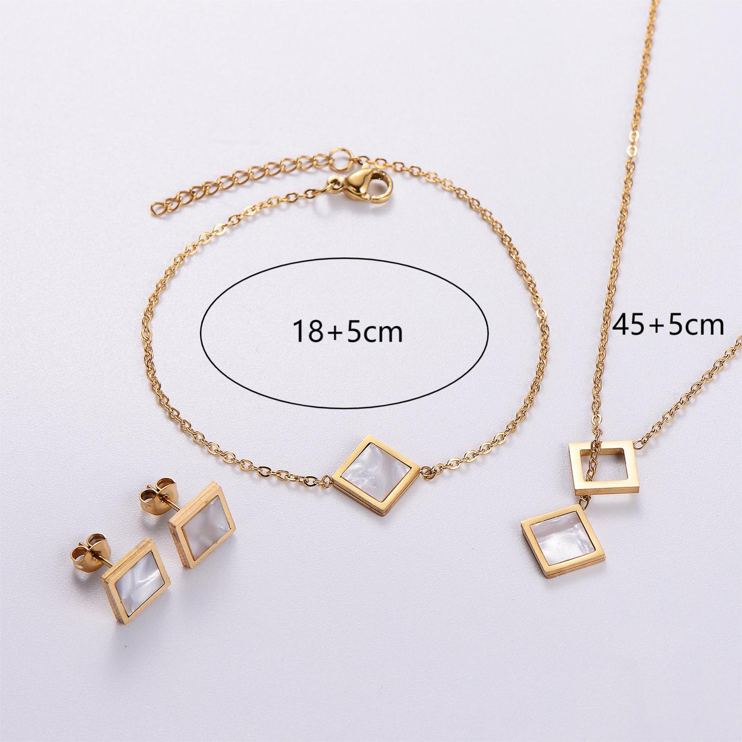 Stainless Steel Niche Temperament Lucky 18K Square Ear Studs Bracelet Necklace