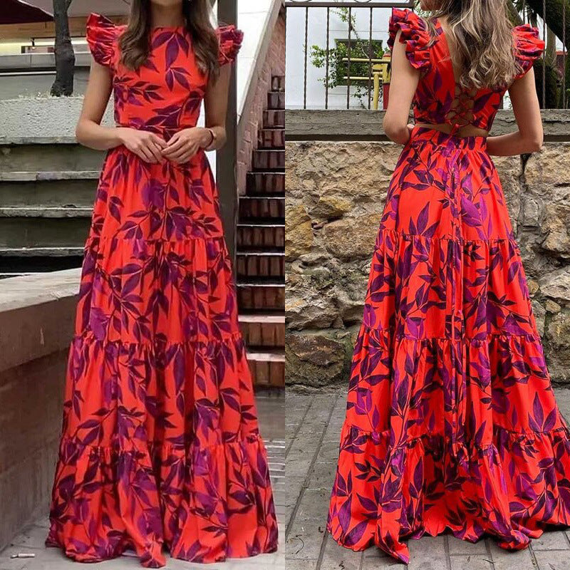 Women's Clothing Elegant Graceful Round-neck High Waist Slim-fit Printed Long Dress