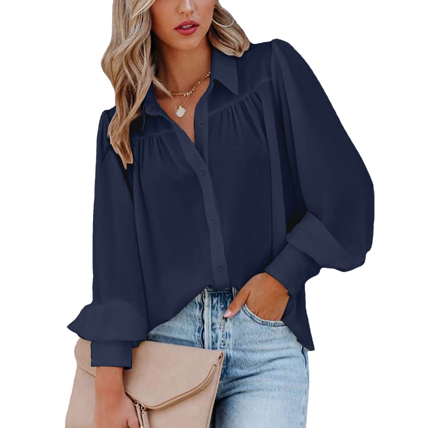 Lantern Sleeve Pleated Solid Color Loose Shirt Long Sleeve Women's Clothing