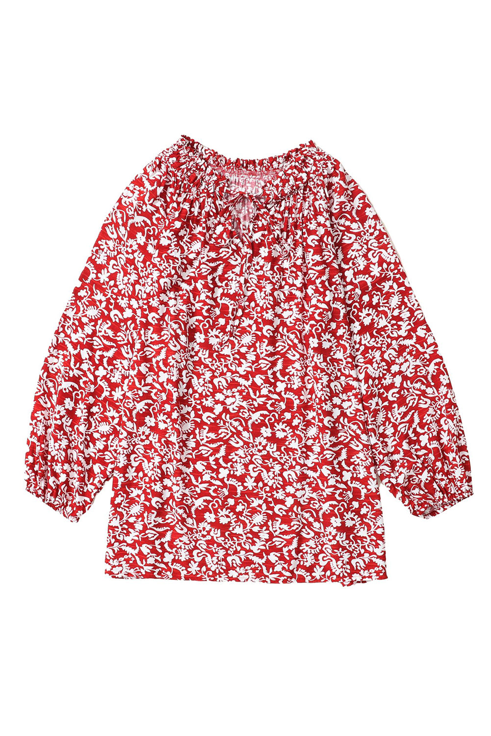 Russet Orange Floral Print Smocked Tie Neck Blouse