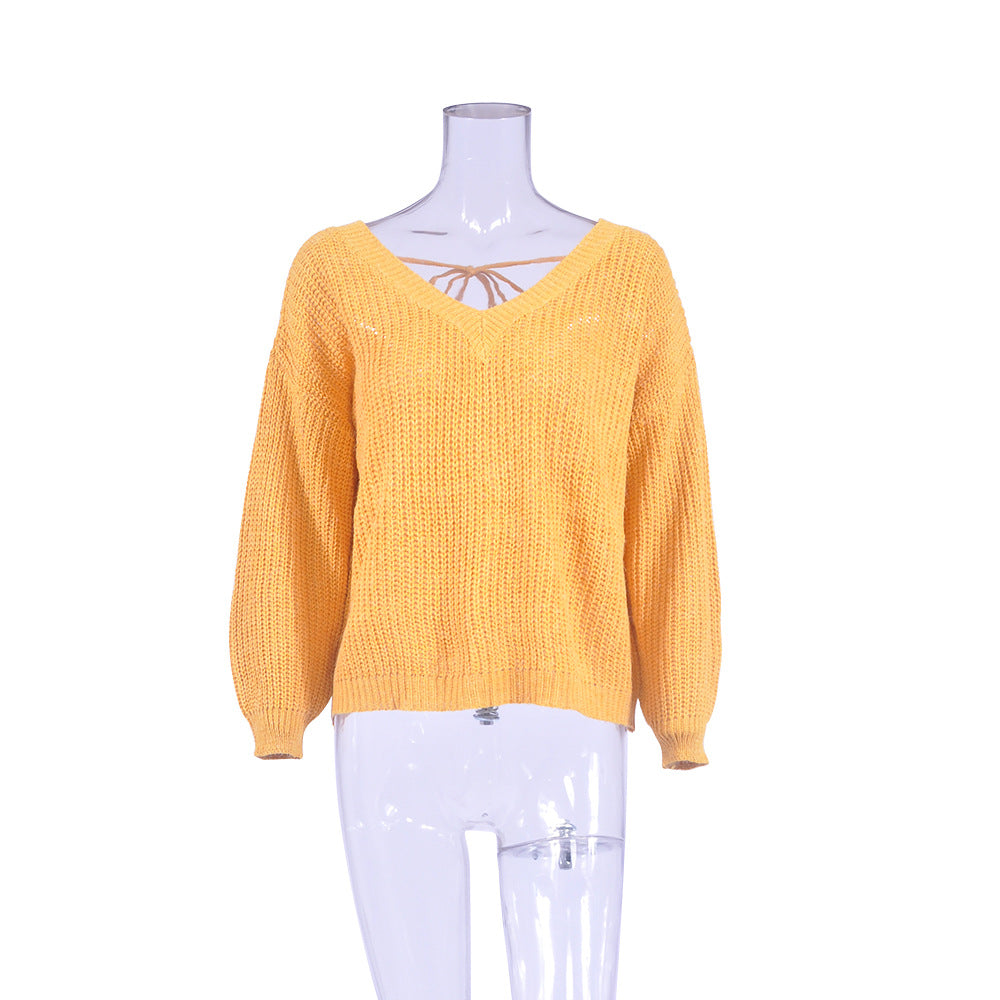 Long-sleeved V-neck strappy casual loose sweater