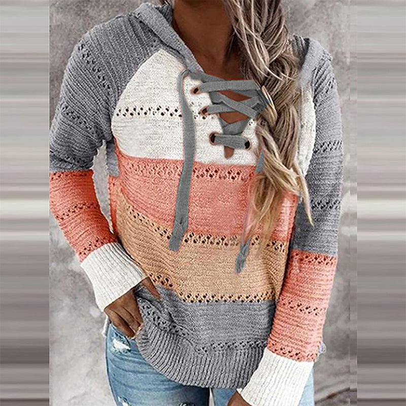 Women's Fashion Temperament Color Matching Hooded Long-sleeved Sweater