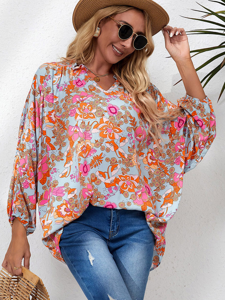 New Printed Chiffon Shirt Summer Thin V-neck