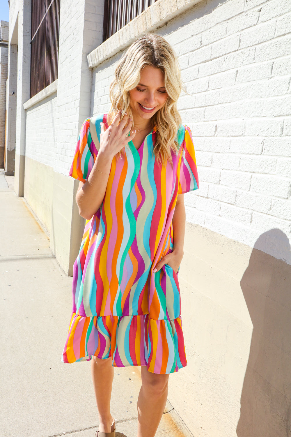 Boho Vibes Multicolor Abstract Print Frill Notch Neck Dress