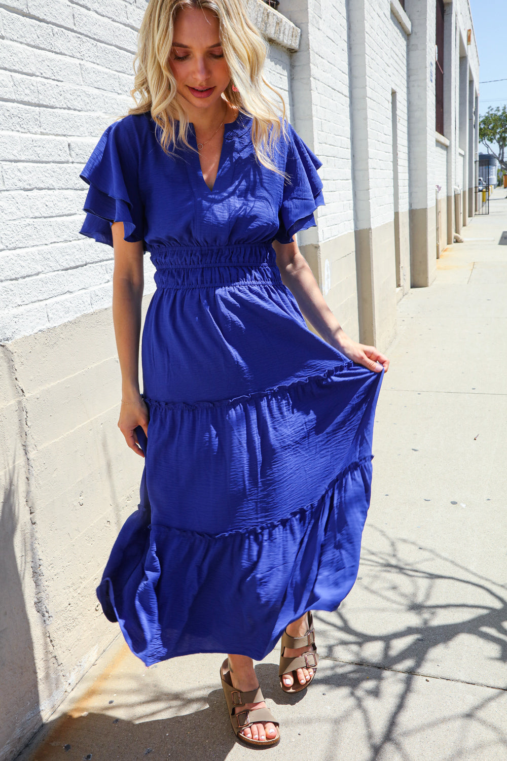 Lock Eyes Solid Blue Smocked Notched Neck Flutter Sleeve Maxi