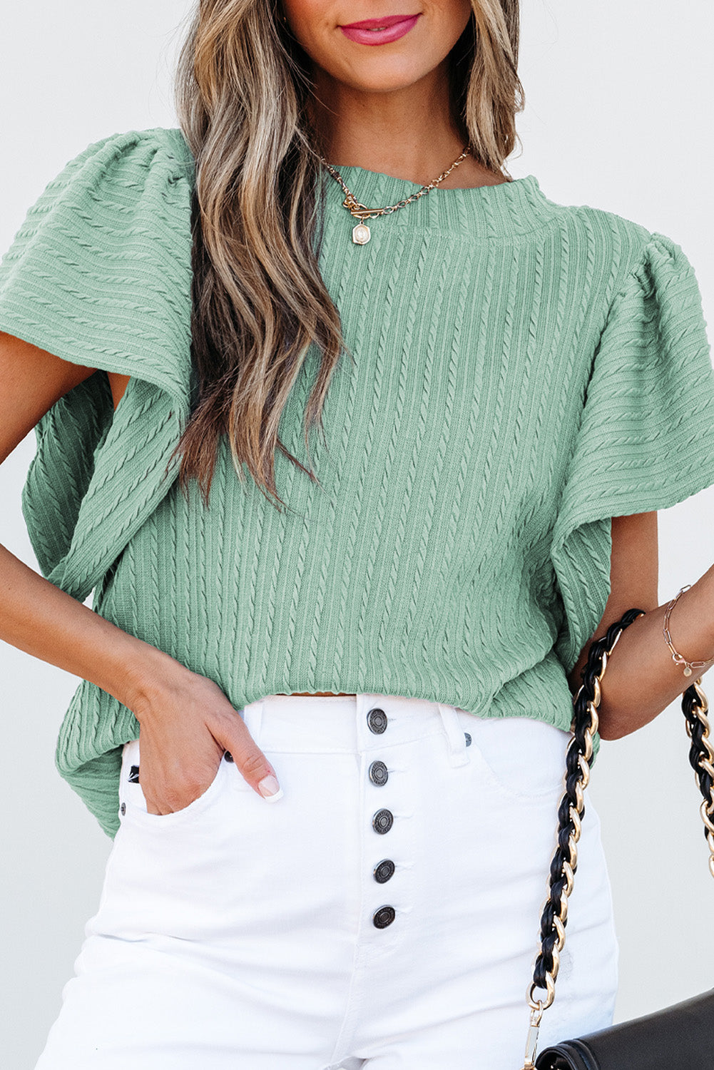 Moonlight Jade Solid Color Textured Flutter Sleeve Top