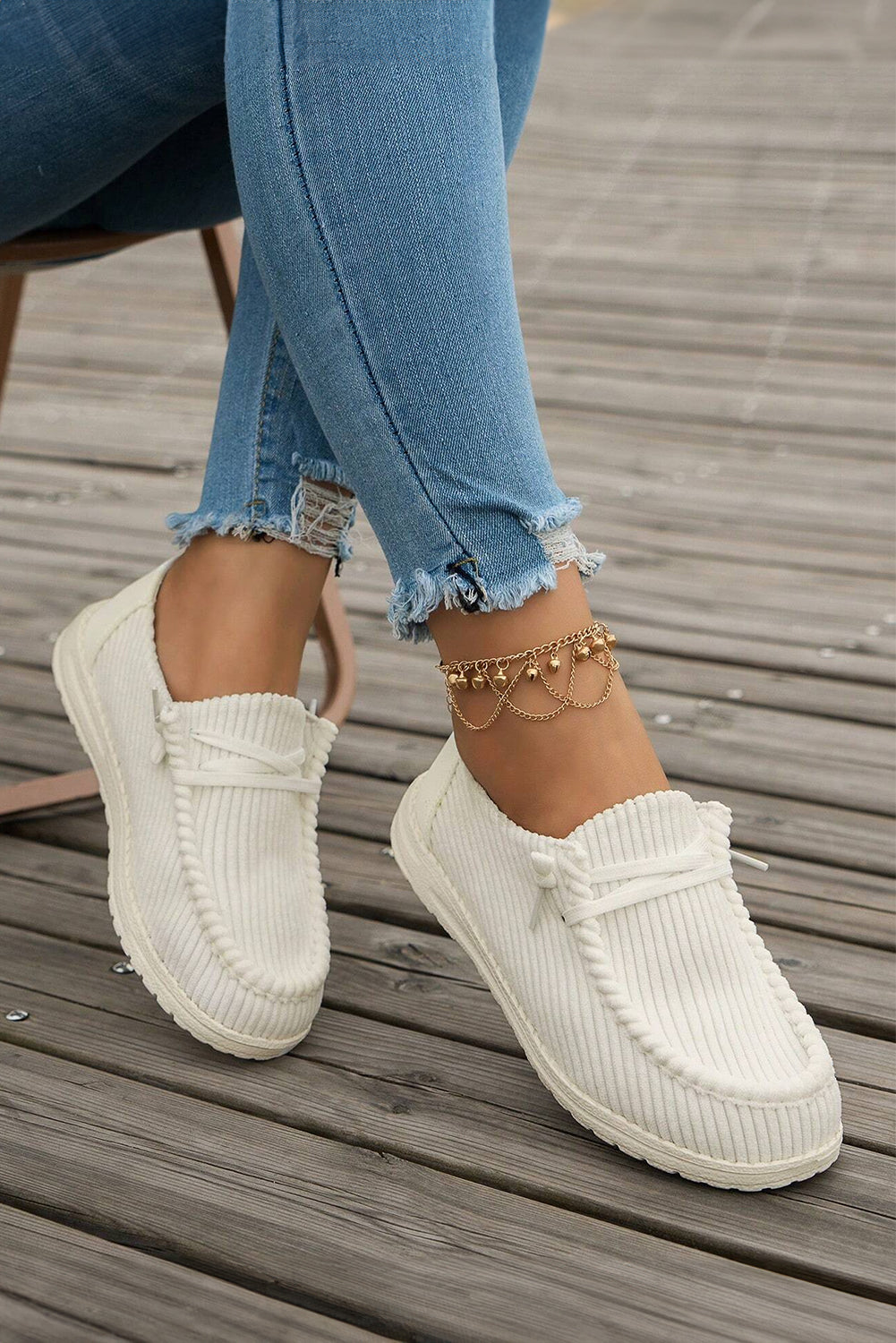 White Solid Ribbed Criss Cross Slip On Casual Shoes