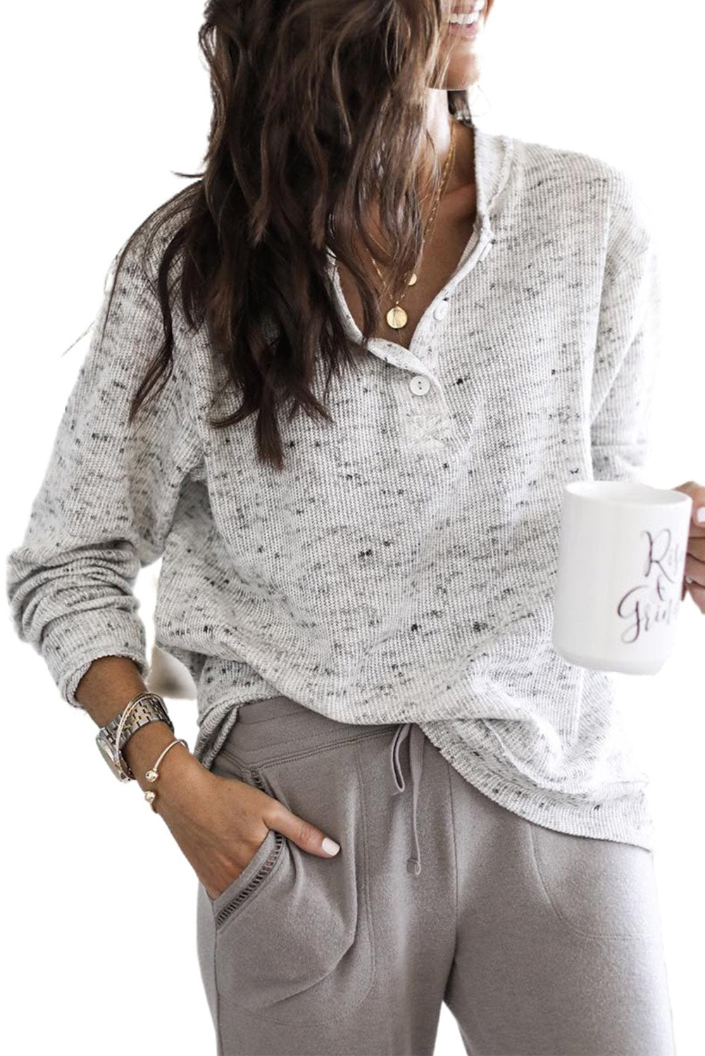 Gray Slouchy Heather Rib Knit Long Sleeve Henley Top