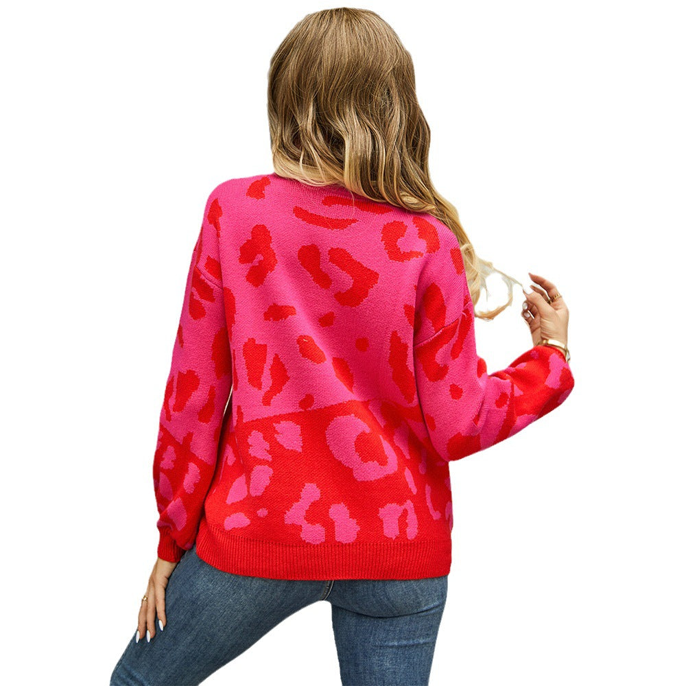 Women's Fashion Leisure Pullover Leopard Splicing Fashion Round Neck Sweater