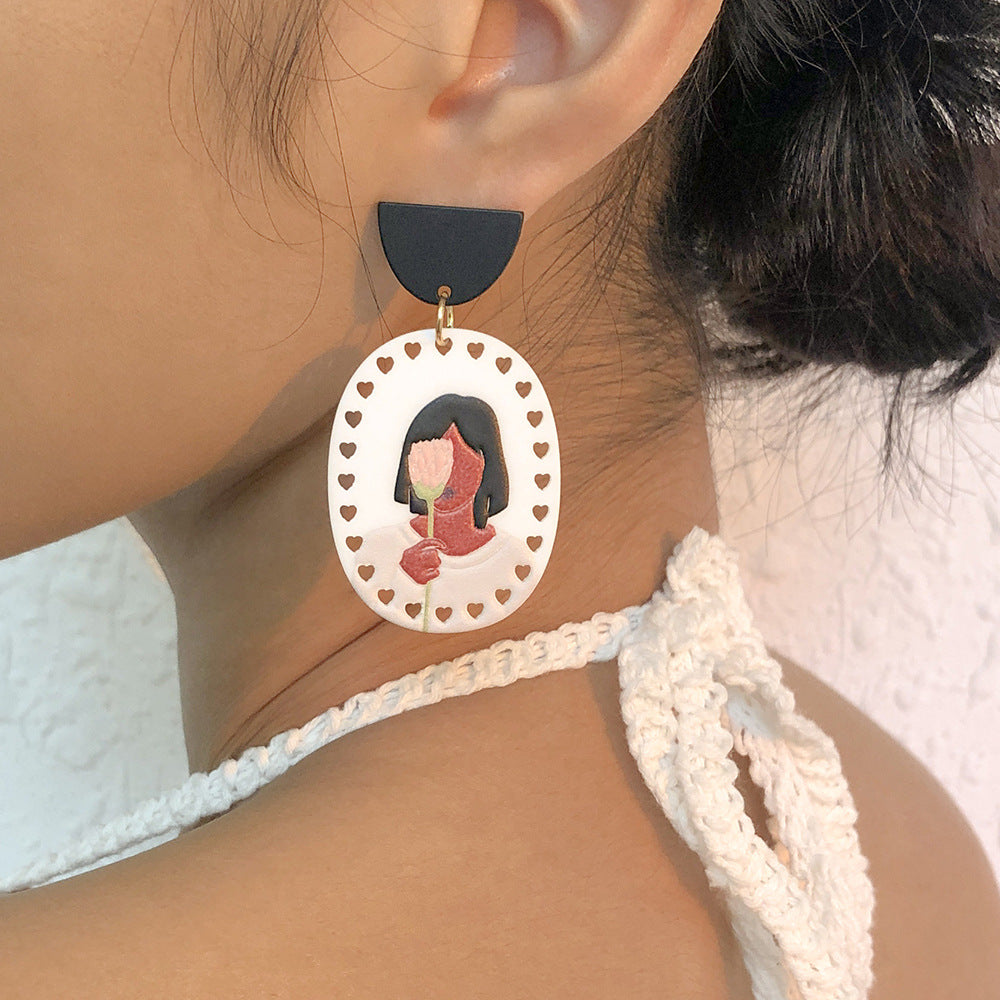 Plate Exaggerated Geometric Design Earrings Creative Portrait Rose Earrings