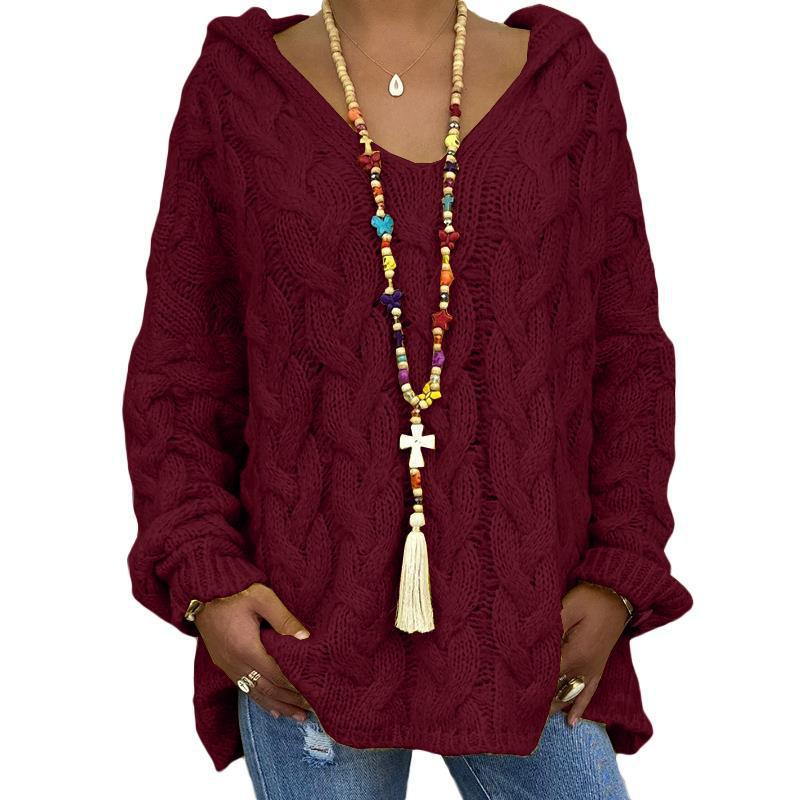 Solid Color Twist Knitted Hoodie Sweater For Women