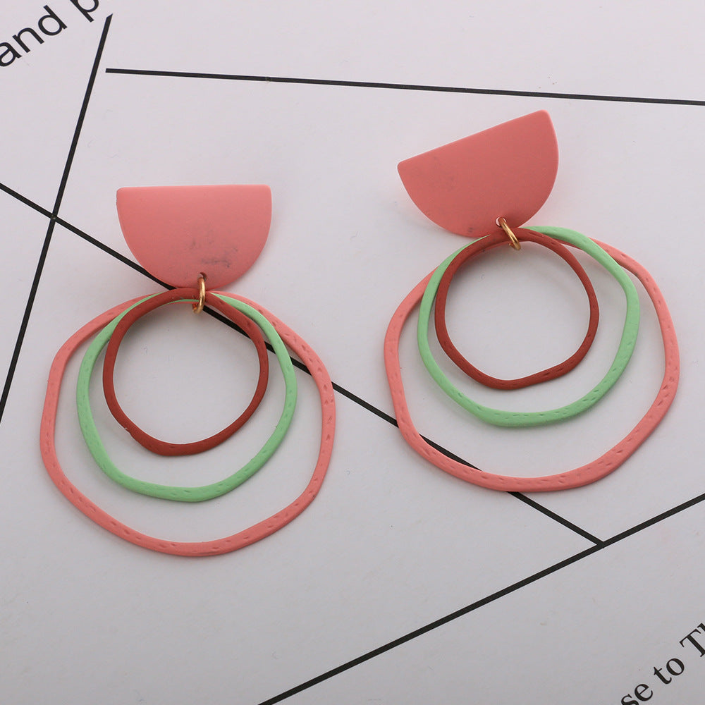 Fashion geometric earrings women Europe and the United States popular tender powder semi-circle earrings jewelry handmade paint earrings