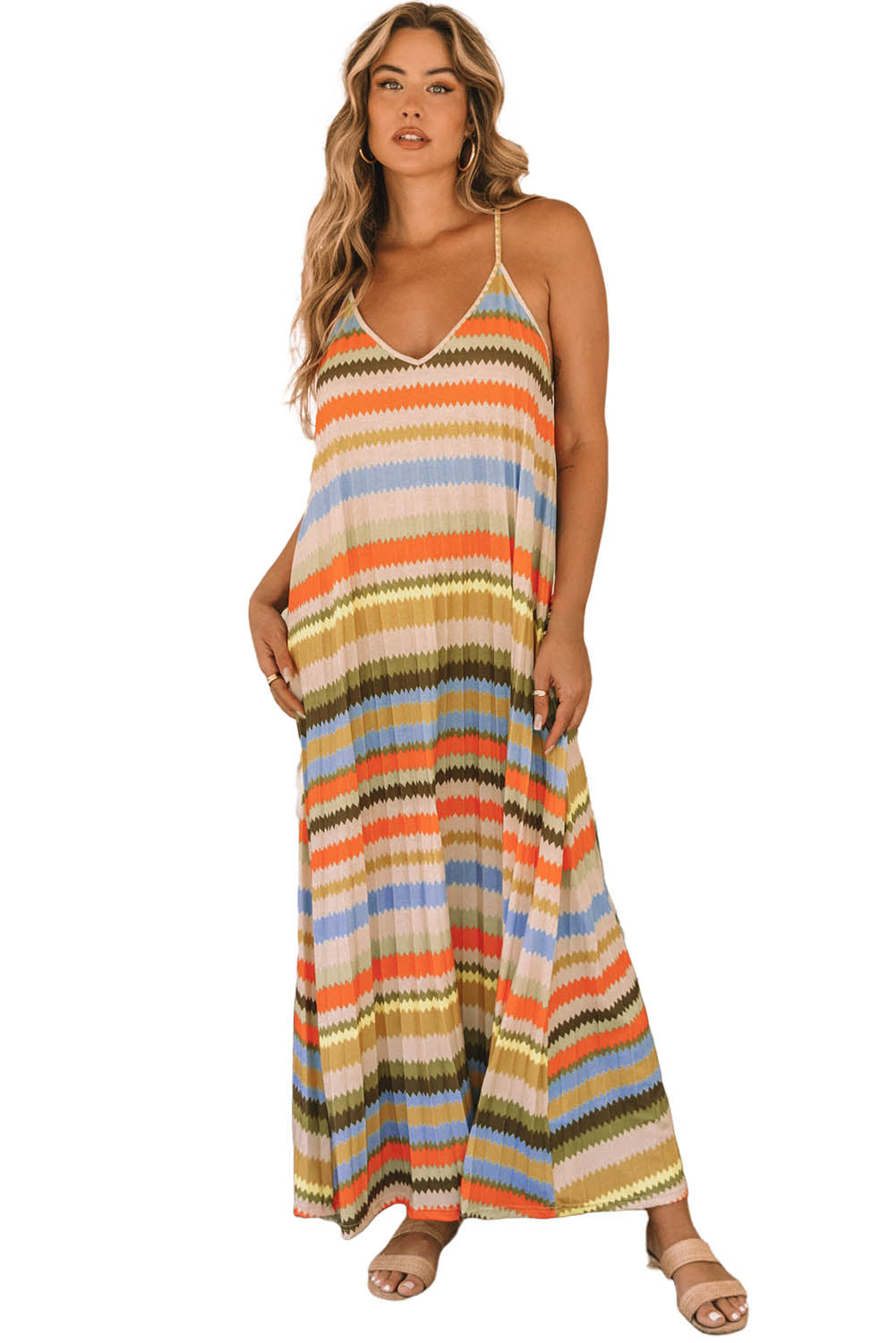 Stripe Tie Straps Loose V Neck Maxi Dress
