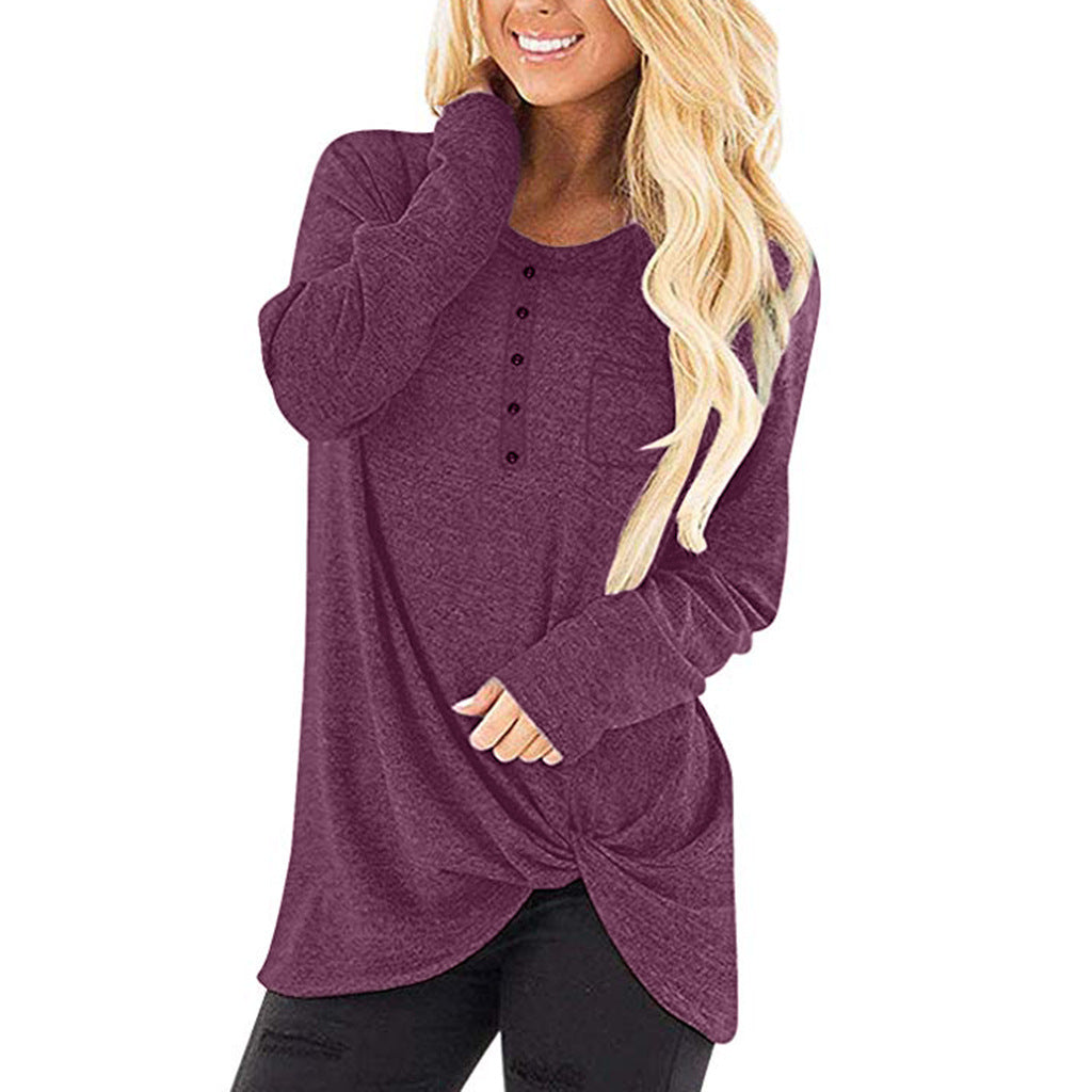 Solid Color Pullover Ladies Round Neck Pocket Long Sleeve Twisted Top