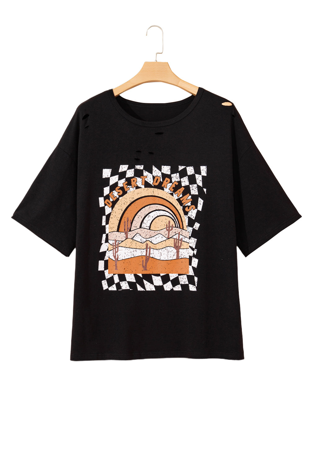 Black Checkerd DESERT DREAMS Printed Ripped Plus Size Tee