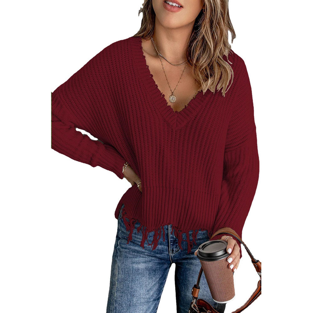 Autumn And Winter Fashion Women's Tassel Ripped Sweater Knitted