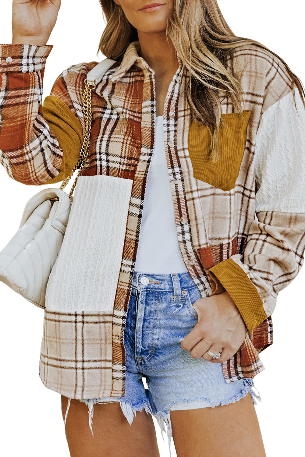Orange Plaid Color Block Patchwork Shirt Jacket with Pocket