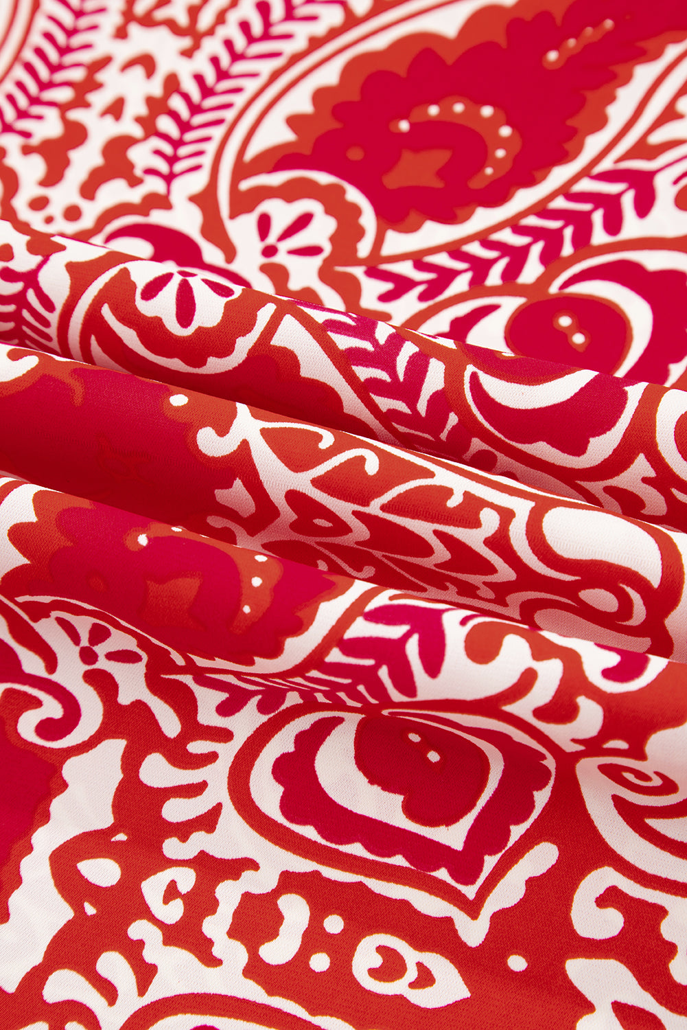 Red Paisley Printed Buttoned High Waist Straight Leg Pants