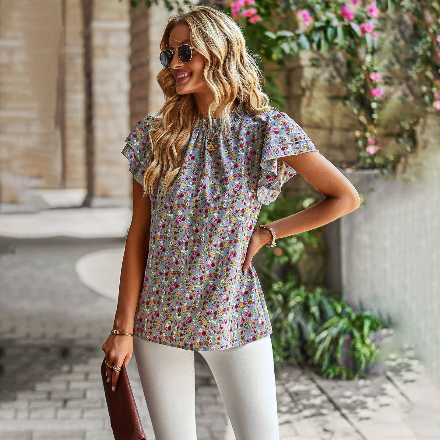 Women's Loose Casual Top Floral Round Neck Shirt