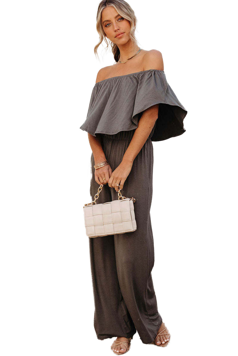 Gray Solid Color Off Shoulder Wide Leg Jumpsuit