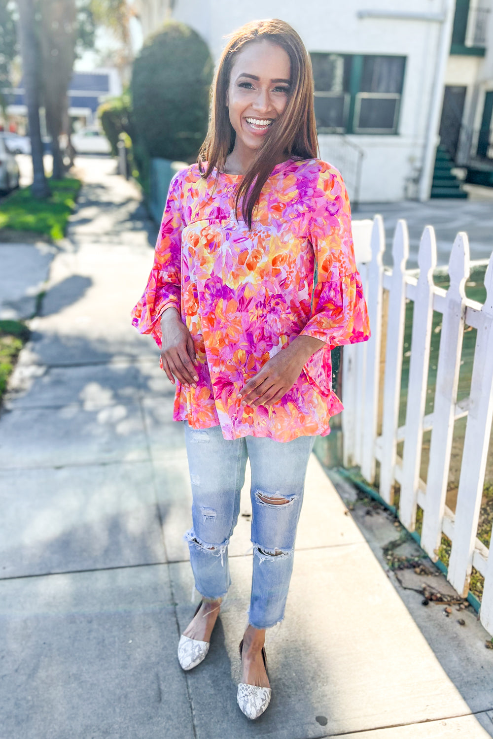 Gorgeous You Fuchsia Big Floral Bell Sleeve Knit Top