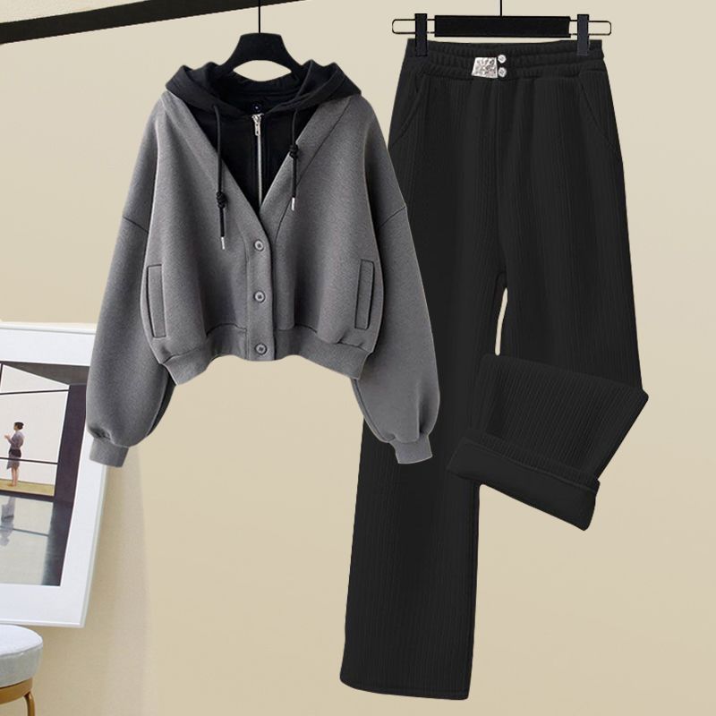Small Sized Man's Wear Fake Two-piece Hooded Sweater Women's Casual Sports Wide-leg Pants Two-piece Set