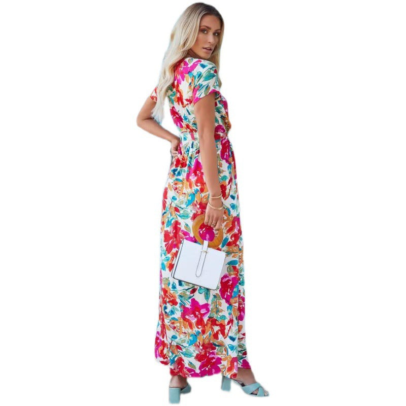 Fashion Printed Short Sleeve Lace-up Dress Women's Clothing