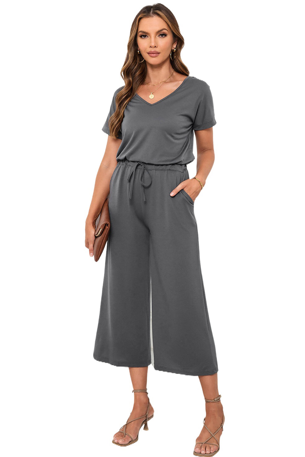 Gray Drawstring Waist Short Sleeve Wide Leg Jumpsuit