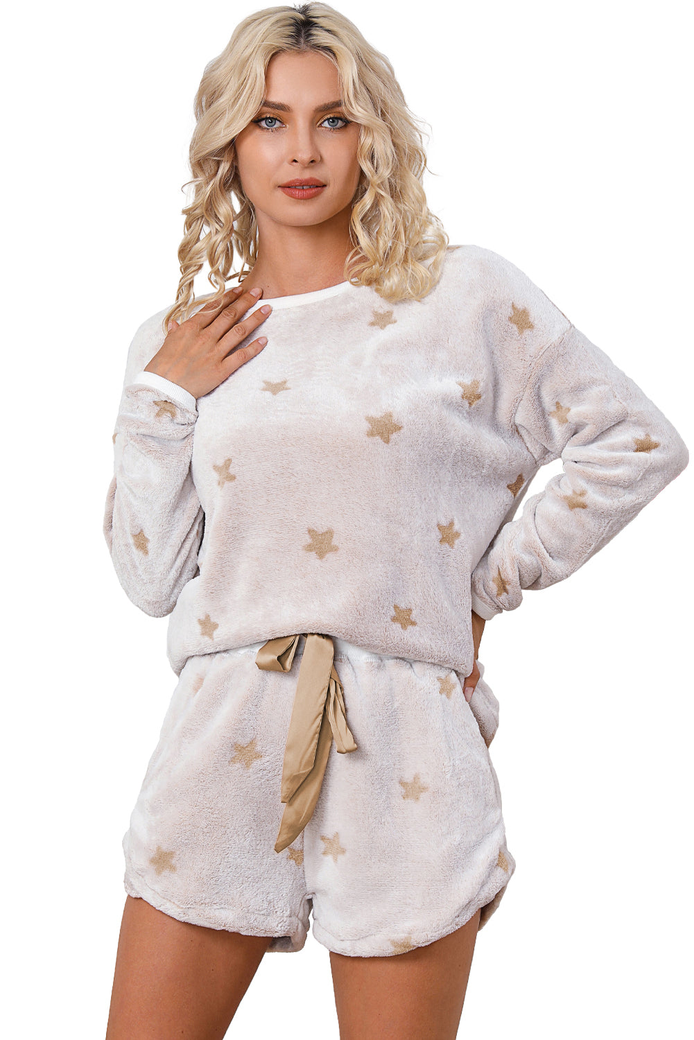 White Plus Size Plush Star Pattern Top and Shorts Set