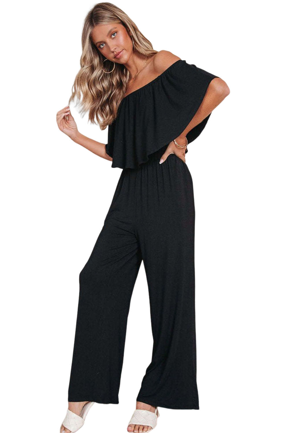 Black Solid Color Off Shoulder Wide Leg Jumpsuit
