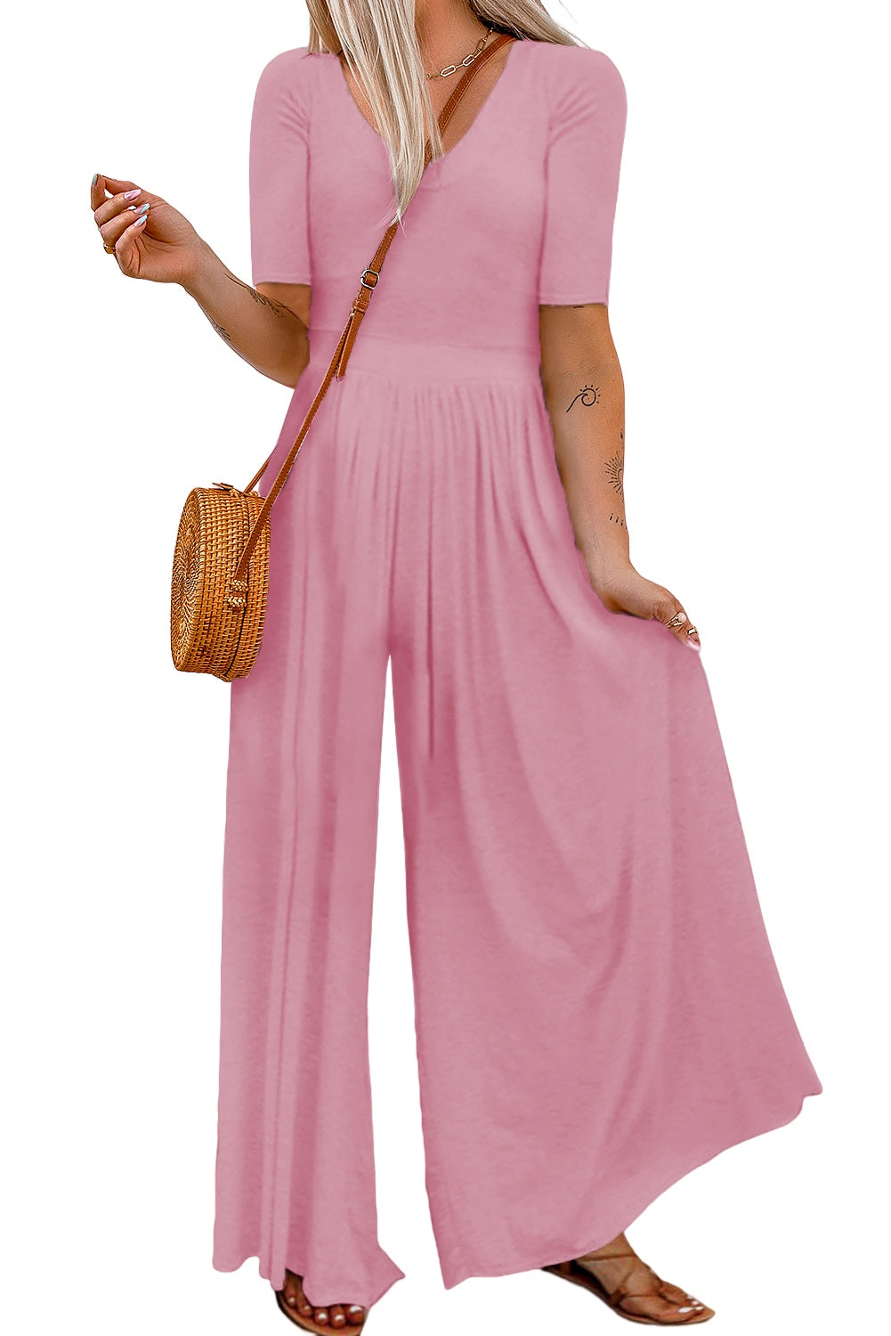 Pink Short Sleeve Bodice Flowy Wide Leg Jumpsuit