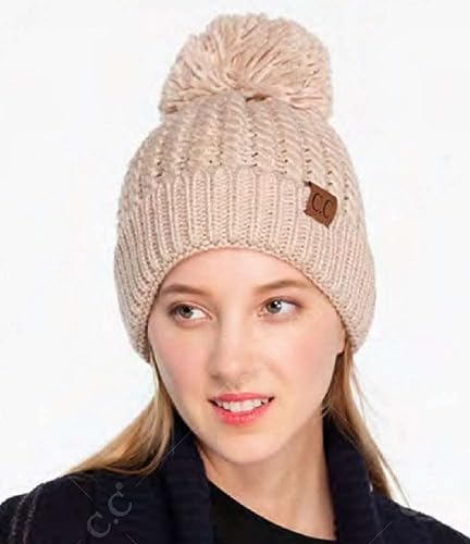 C.C Unisex Warm Soft Knit Pom Beanie Hat, Cable Twist Dark Rose