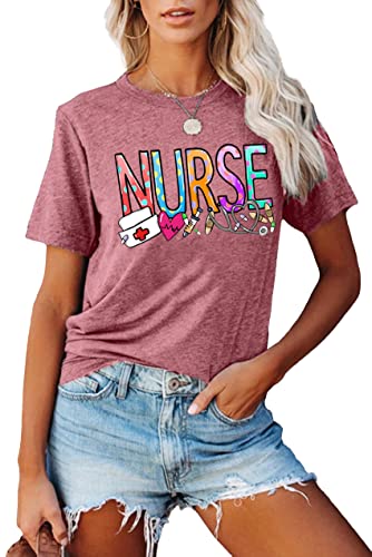 School Nurse Shirt Women Nursing Student T-Shirt Nurse Gift Casual Short Sleeve Inspirational Tee Tops(Pink,Small)