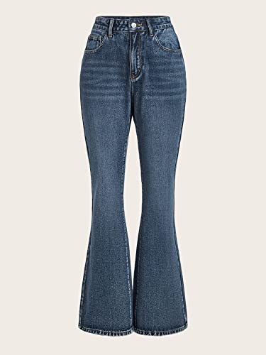 SOLY HUX Women's High Waisted Wide Leg Denim Pants Y2k Patterned Baggy Flared Jeans Bell Bottom Trousers Plain Medium Blue L