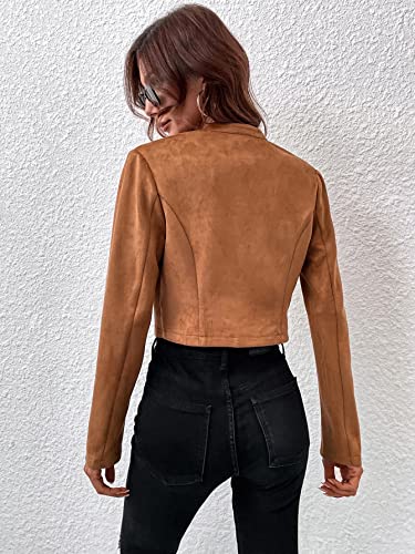 WDIRARA Women's Long Sleeve Drop Shoulder Crop Blazer Stand Collar Casual Button Down Varsity Jacket Brown S