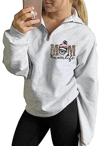 XMNDS Women Mama Life Sweatshirt Mom Life Zip Up Pullover Funny Leopard Graphic Sweatshirt Jacket High Collar Quarter 1/4 Zip Coat (White1, Medium)