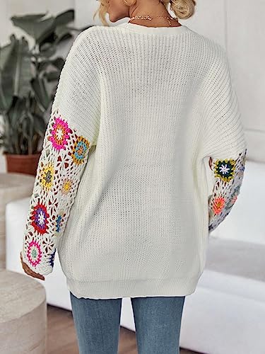 GORGLITTER Women's Floral Print Hollow Out Cardigan Drop Shoulder Button Down Knit Tops White Large
