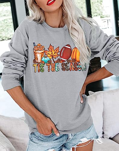 JINTING Fall Sweatshirt for Women Tis The Season Sweatshirt Autumn Pumpkin Shirt Football Shirt Game Day Long Sleeve Tee Grey