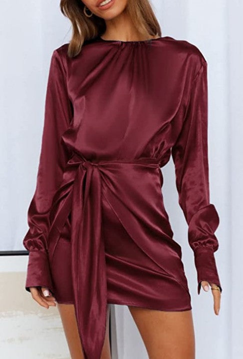 Women's Long Sleeve Round Neck Elastic Lace-up Satin Dress