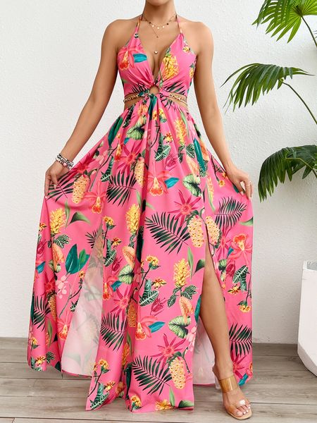 Printed Backless Side Slit Halter Dress H6VE68KF2K