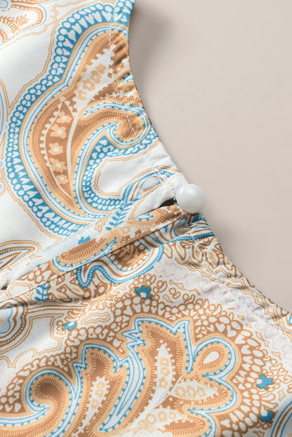 Sky Blue Paisley Pattern Print Drawstring V Neck Blouse