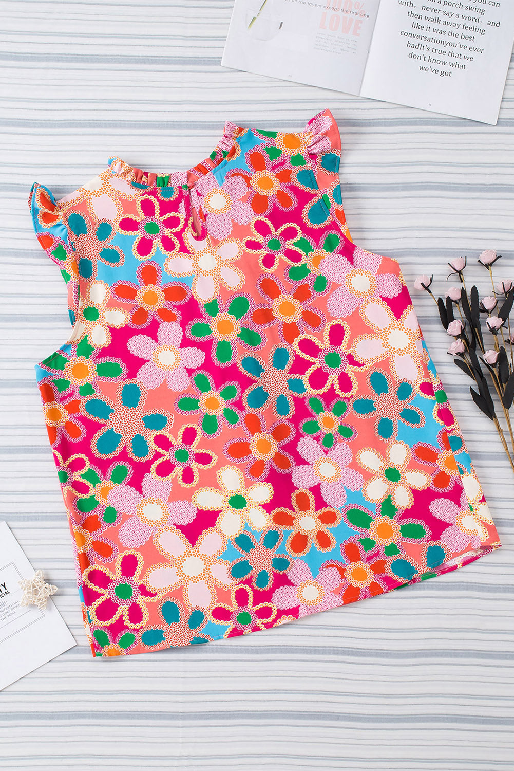 Multicolor Floral Print Smocked Square Neck Ruffles Blouse