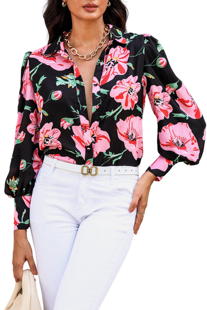 Multicolor Swirl Color Block Print Lantern Sleeve Shirt