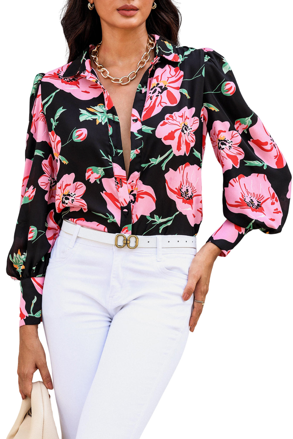 Multicolor Swirl Color Block Print Lantern Sleeve Shirt