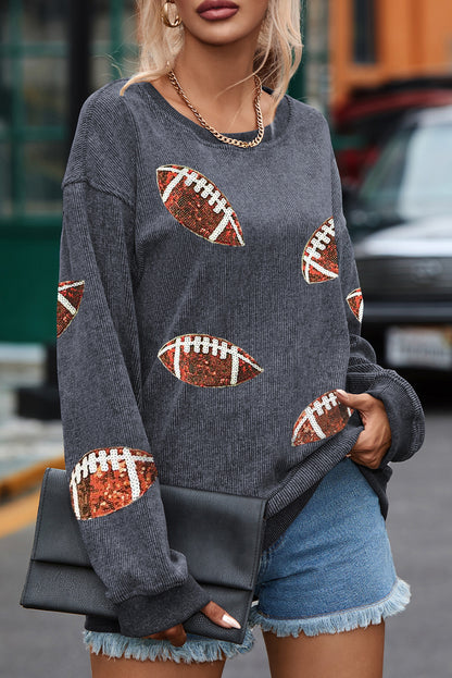 Black Sequin Rugby Graphic Pullover Sweatshirt
